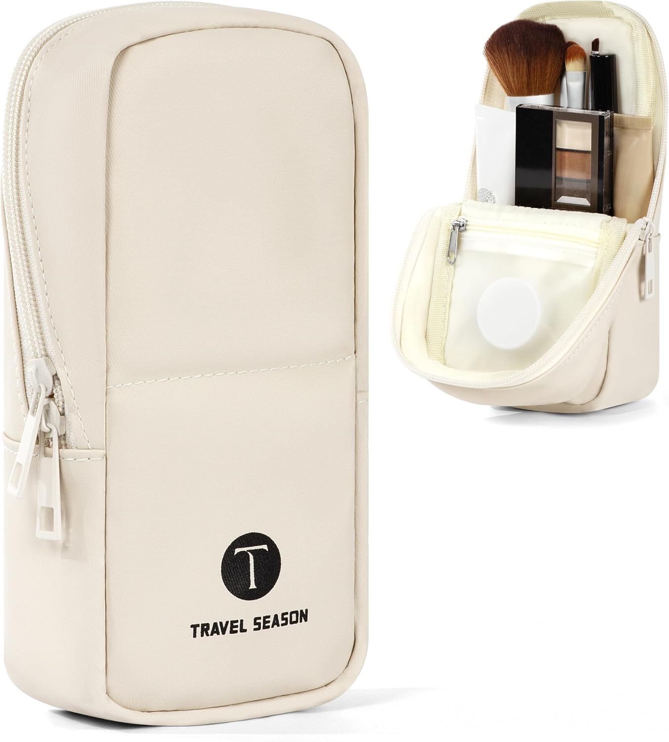 Travel Makeup Bag with Brush Holder - Waterproof Standing Cosmetic Organizer, Portable Small Stand Up Makeup Case for Purse, Compact Toiletry Pouch with Separate Compartments for Women Essentials