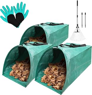 Leaf Pick Up Tool Kit: 3×60Gallon Leaf Collector Bags + 1×Adjustable 18-Tine Stainless Steel Rake + 1×Garden Gloves - Detachable Rake with Dustpan Bag for Lawn, Yard, Shrub & Grass Care