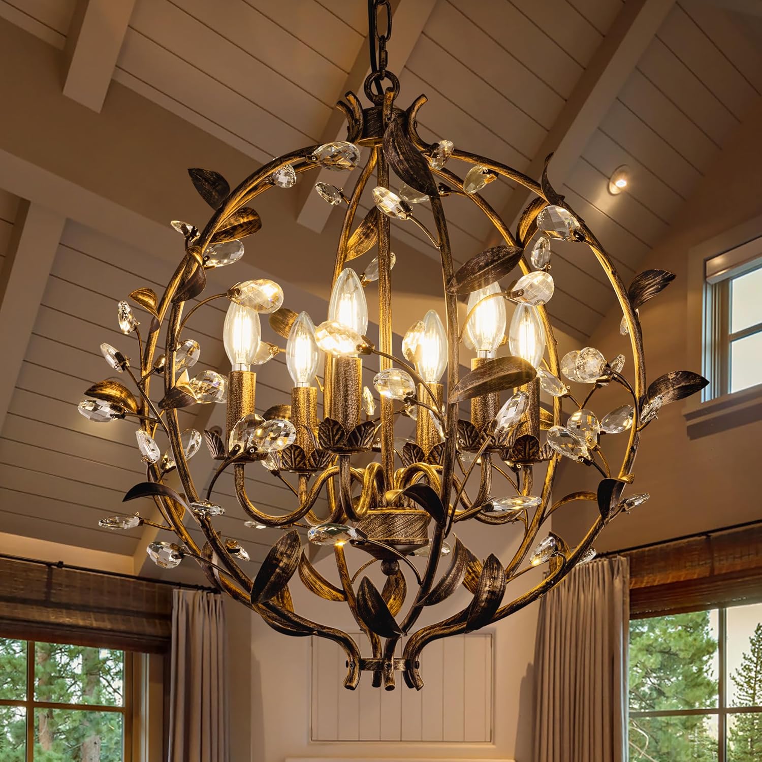 Wellmet 6 Lights Sphere Crystal Chandelier, Bronze Antique Light Fixture, Round Pendant Hanging Lighting for High Ceiling, Foyer, Entryway, Dining Room, Living Room, Bedroom, W-21.5in