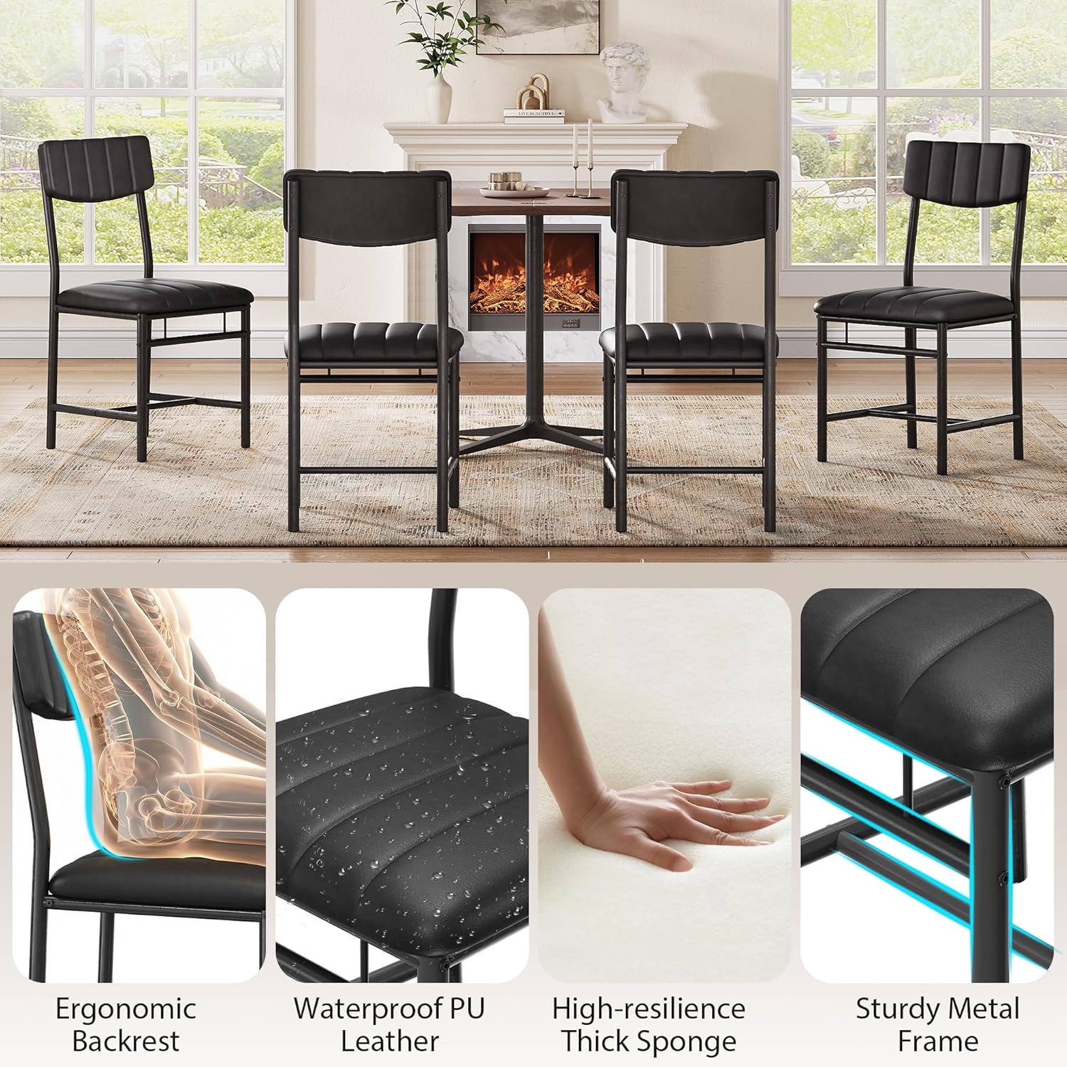 Jocoevol Dining Chairs Set of 6 - Upholstered Dining Room Chairs with PU Leather, Modern Kitchen Chairs with Leather Backrest and Thickened Metal Legs, for Dining Room, Kitchen and Living Room
