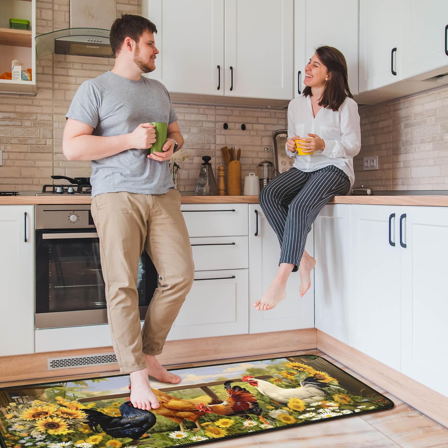 Rooster Kitchen Mats for Floor Kitchen Rugs Sets of 2 Non Slip Washable Sunflower Kitchen Rugs Anti Fatigue 47x17 Inch and 30x17