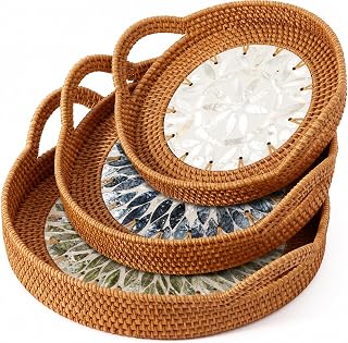 Round Rattan Tray Set (3-Piece) with Mother of Pearl Inlay & Wooden Base...
