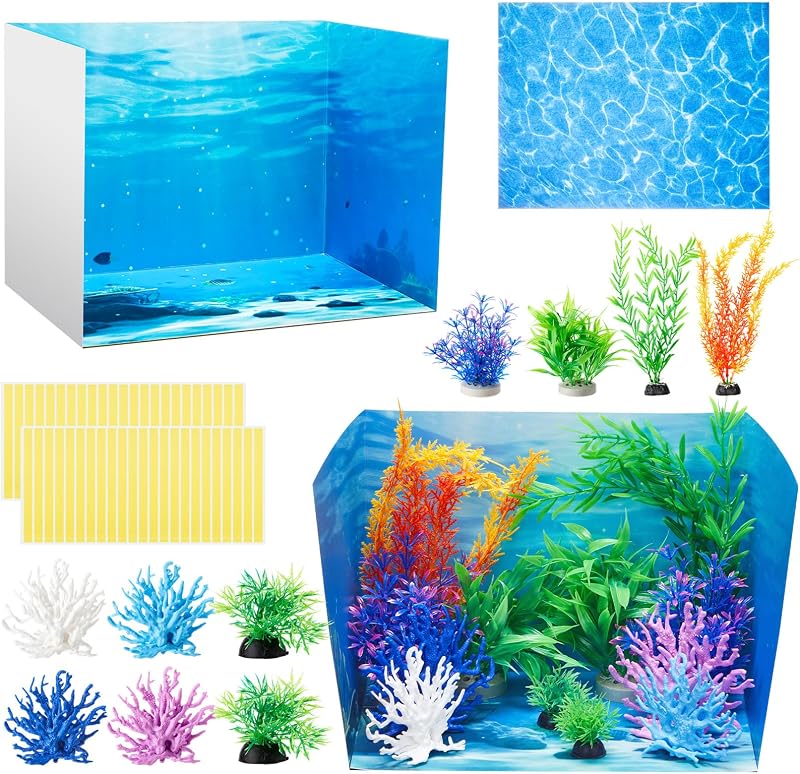 AmazingSpark Ocean Diorama Kit Habitat Project Box Set Supplies Include Cardboard Display Case and Water Sticker Decor with Under The Sea Artificial Coral Seagrass for DIY Crafts