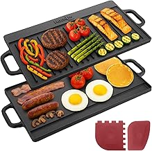 Homiu Reversible Cast Iron Griddle Pan | Pre-Seasoned Non-Stick BBQ Griddle Grill with Handles | Suitable for Oven Safe, Induction, Gas Hob | Cooking, Flat & Ridged Surfaces | All Hob Types