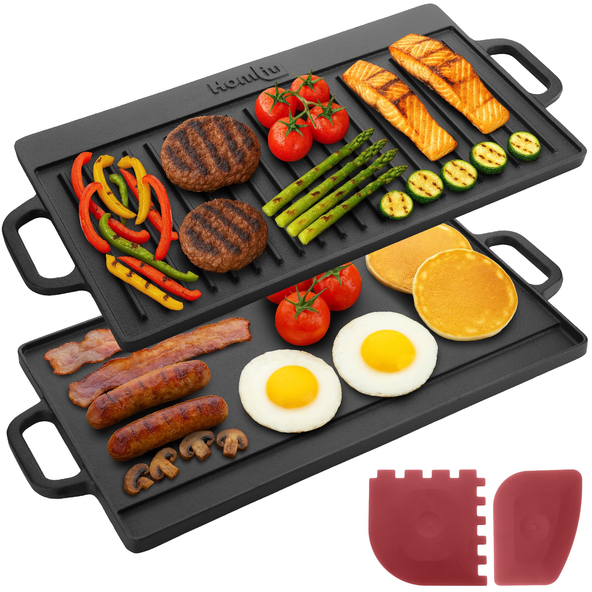 Homiu Reversible Cast Iron Griddle Pan | Pre-Seasoned Non-Stick BBQ Griddle Grill with Handles | Suitable for Oven Safe, Induction, Gas Hob | Cooking, Flat & Ridged Surfaces | All Hob Types