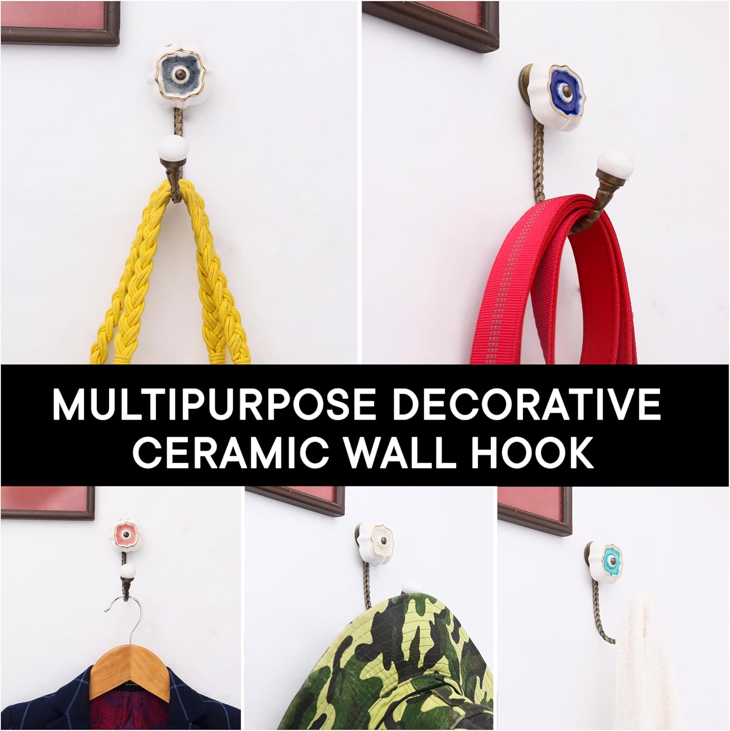 Indian Shelf Pack of 6 Ceramic Wall Hooks for Hanging Clothes - Multicolor Solid Gold Line Wall Coat Hooks - Ceramic Clothing Hooks - Solid Gold Line Keys Hanging