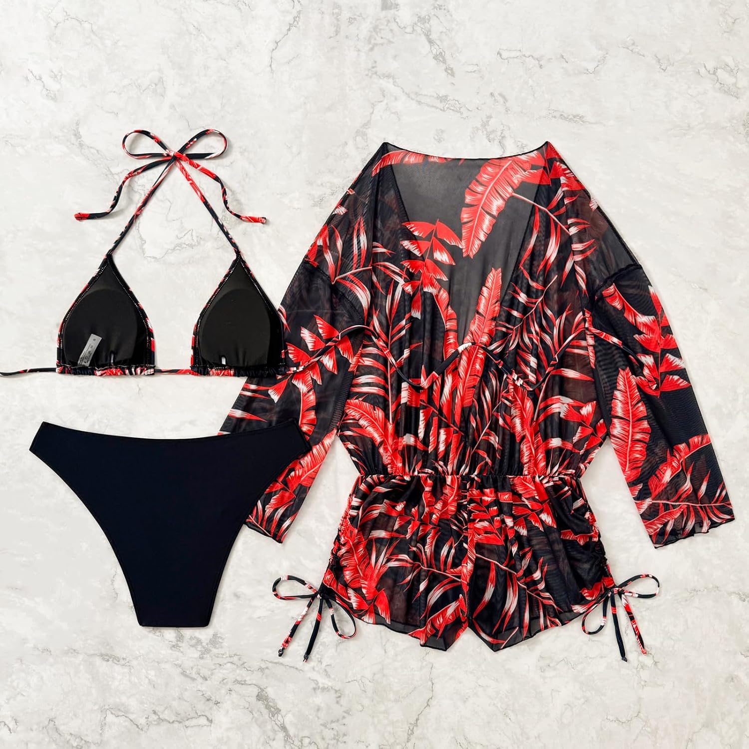 3 Piece Swimsuits for Women Tropical Leaf Print Bikini Set with Mesh Cover Up Built-in Bra Sizes XS-XXL