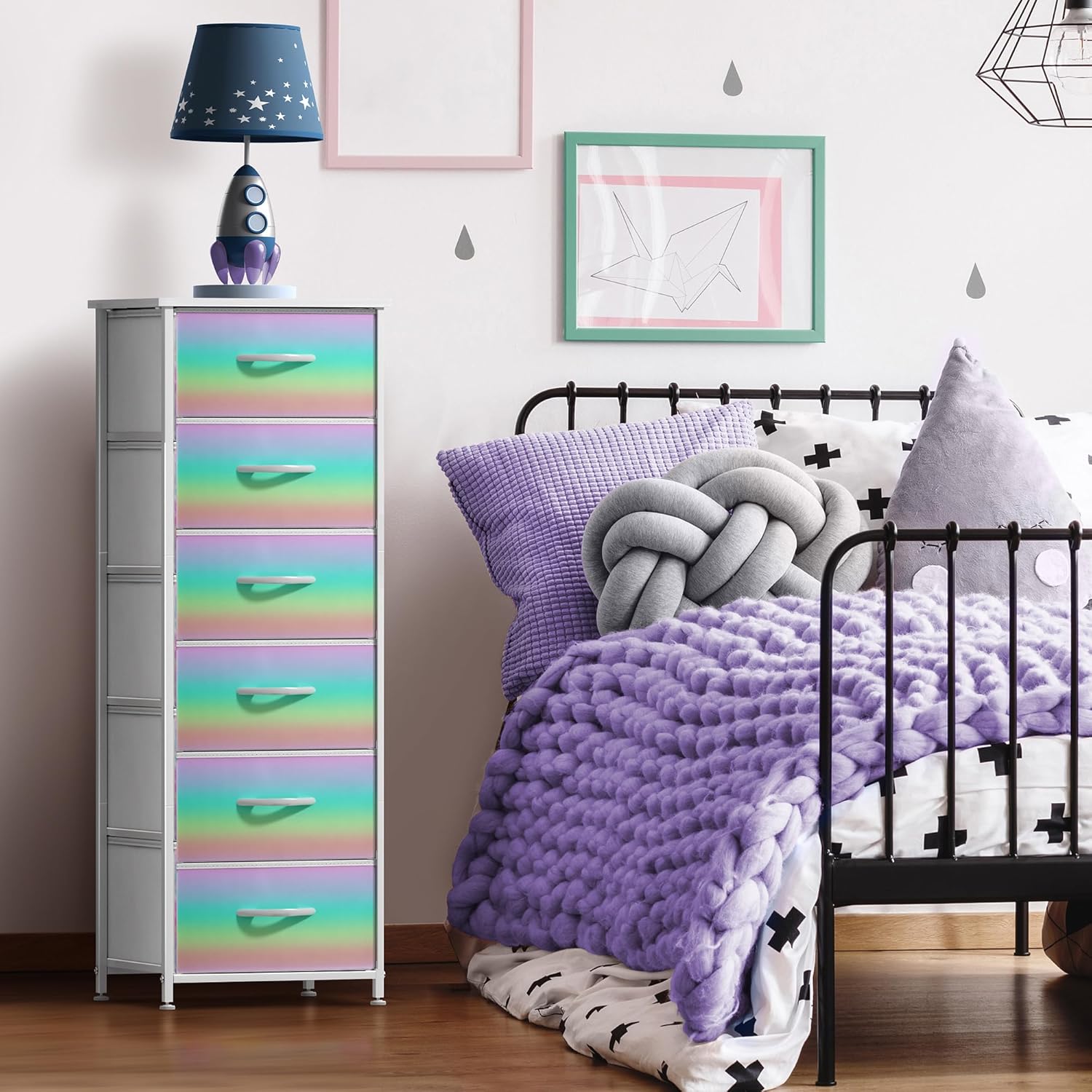 Sorbus Kids Dresser with 6 Drawers - Storage Chest Organizer Nightstand - Steel Frame, Wood Top, Tie-Dye Fabric Bins for Clothes - Wide Furniture for Bedroom, Hallway, Nursery, Closet, & Apartment