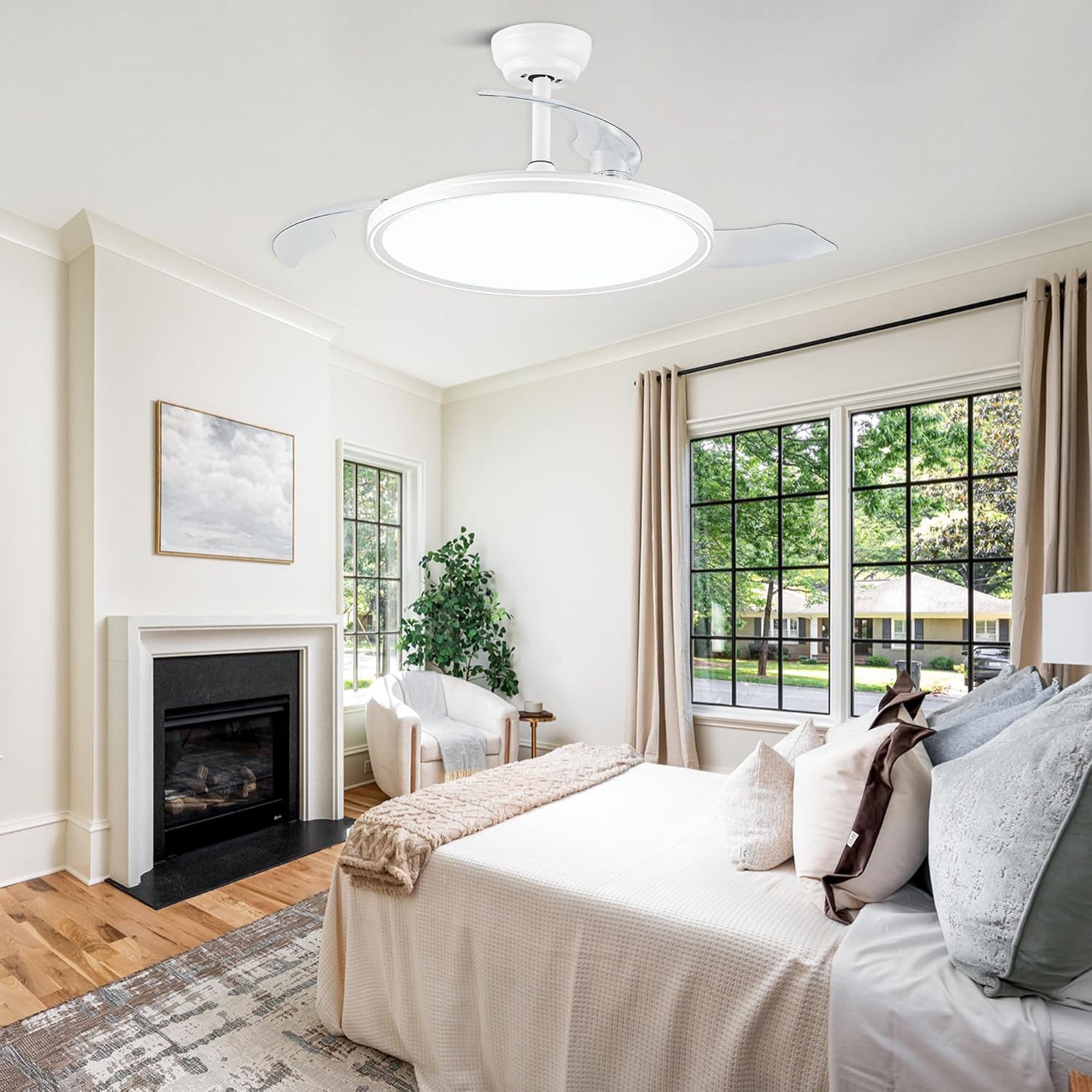 42 Inch Retractable Ceiling Fan with Lights and Remote/APP Control,6 Speed White Modern Ceiling Fan for Bedroom Living Room Dinning Room (White)