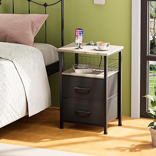 Miniatura 50 de Juego de 2 mesitas de noche con estación de carga, juego de 2 con tira de luz LED de 20 colores, 3 cajones de tela, mesita de noche con puertos USB