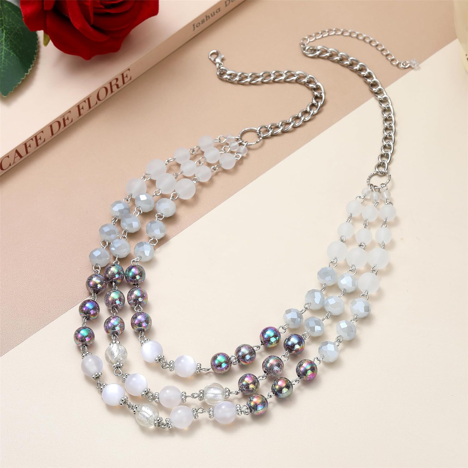 Elisheva Multi-Layer Boho Beaded Necklace for Women - Colorful Matt Glass Opal Beads Chain Necklace - 3 Layered Statement Collars Costumes Jewelry