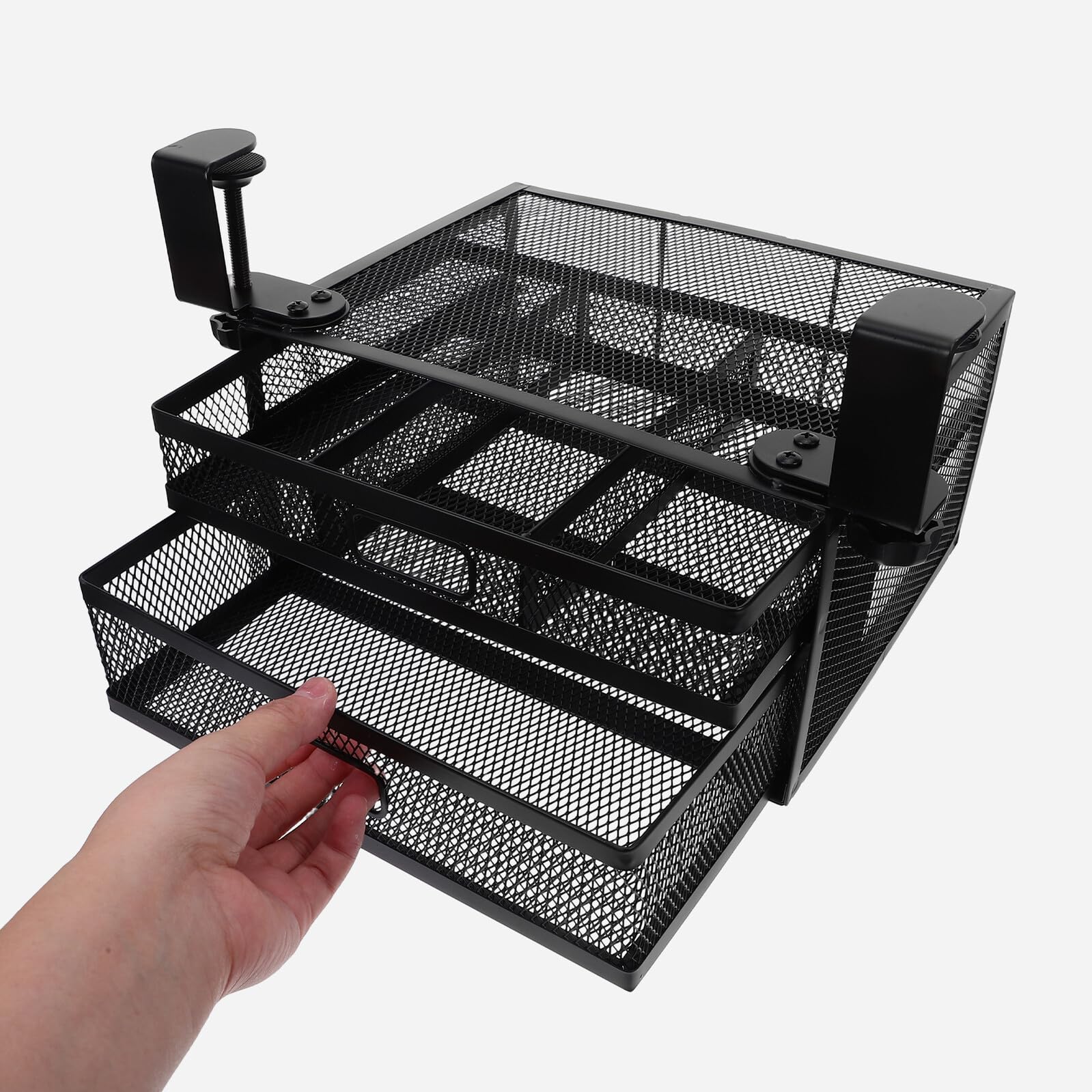 Organizer per Scrivania da Ufficio Sotto Tavolo senza Foratura Cassetto Portaoggetti in Metallo a 2 Strati Morsetto Soluzione di Archiviazione Nascosta per Gestione Cavi e