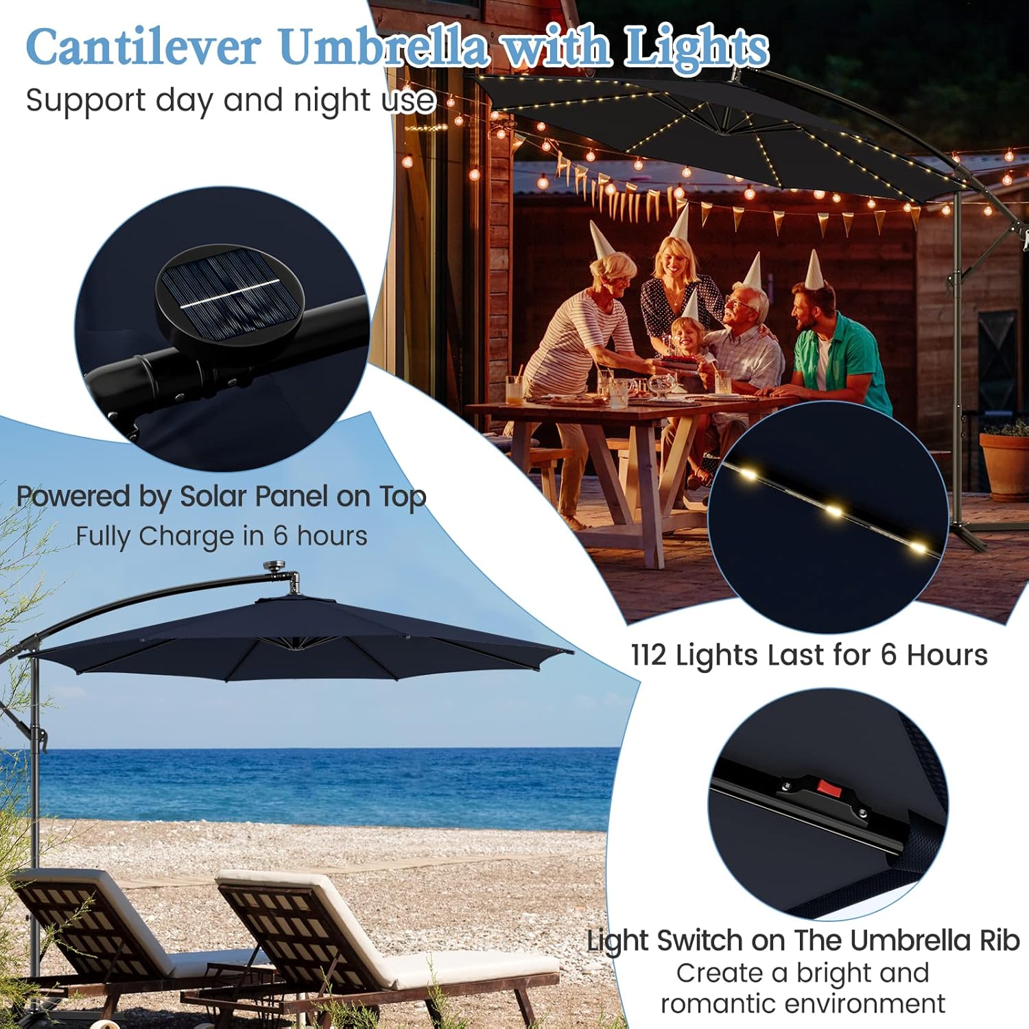 HAPPYGRILL 10FT Offset Patio Umbrella with Solar Lights, Cantilever Umbrella with Tilt Design, Crank Handle, Cross Base Stand