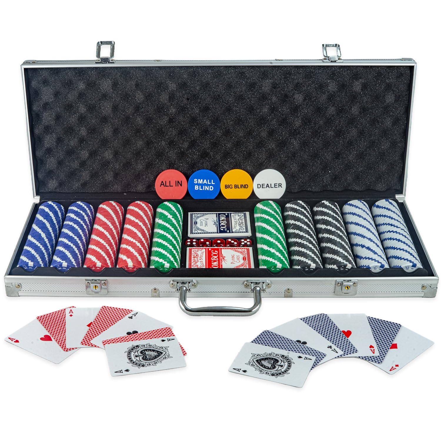 Wollowo 500 Piece Texas Hold’em Poker Set with Aluminium Carry Case, 500 Poker Chips, 2 Decks Playing Cards, Dealer & Blind Buttons, Dice, Complete Casino Poker Game Set