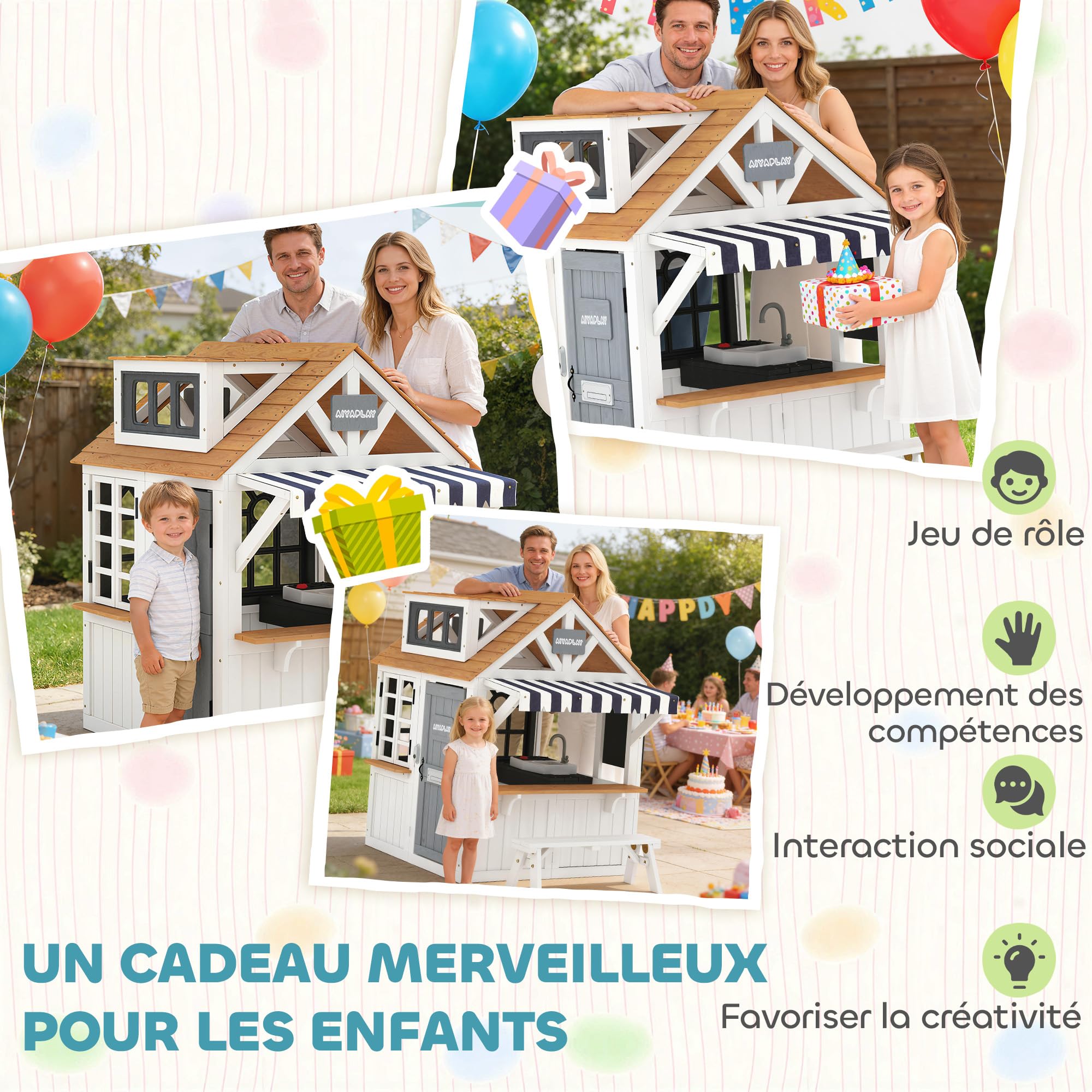 AIYAPLAY Casita infantil exterior madera 136x117x153.5 cm blanco con gatera cocina pizarra banco timbre