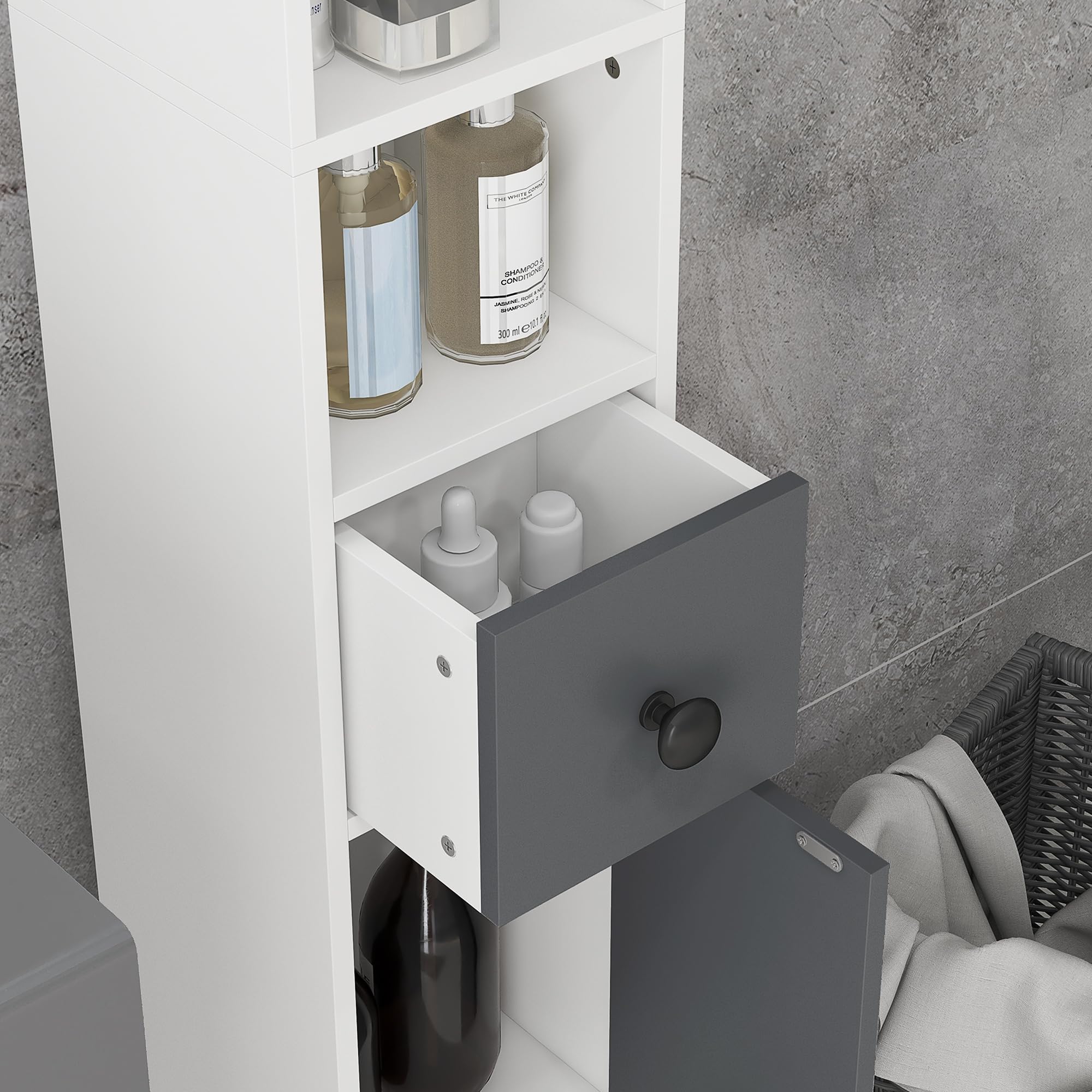kleankin Meuble Colonne Salle de Bain Armoire Haute Colonne Fine avec 4 étagères réglables 1 tiroir et 2 placards Design Moderne 20 x 20 x 180 cm Gris