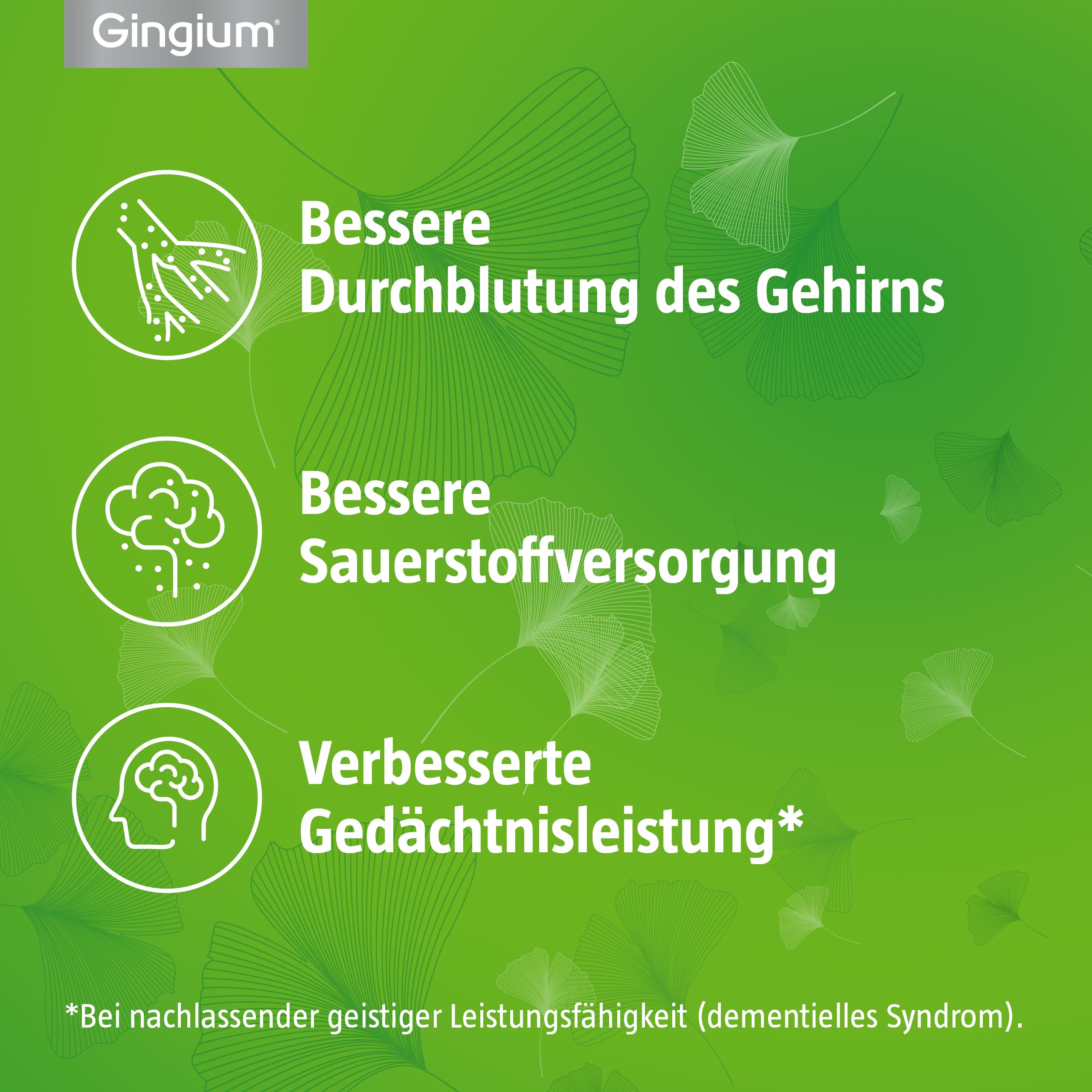 Gingium® 240 mg | Filmtabletten | Bei Vergesslichkeit* handeln | 120 Stk | Pflanzenkraft von Ginkgo biloba, ab 18 J. anwendbar | *bei nachlassender geistiger Leistungsfähigkeit (dementielles Syndrom)