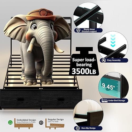 Miniatura 3 de Base de cama Queen con 2 cajones, marco de cama de plataforma con luces LED y estación de carga, cabecera tapizada, listones de metal resistente, no