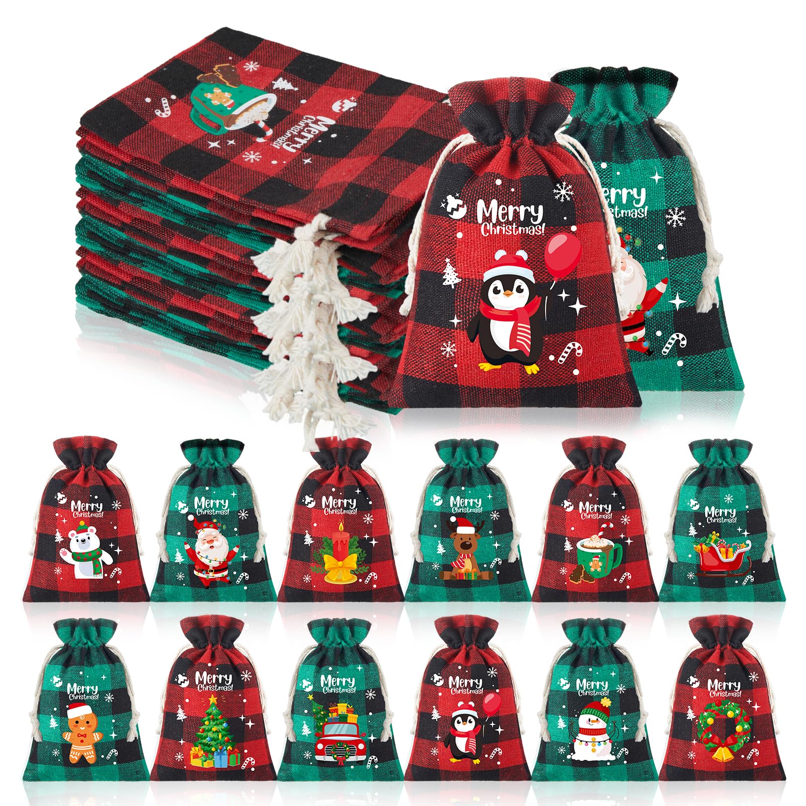 24 Pieces Gift Bags Christmas Drawstring Bag Christmas Burlap Drawstring Bag Washable Cotton Xmas Bag for Candy Wrapper Christmas Party Favor (Red Green, Festival)