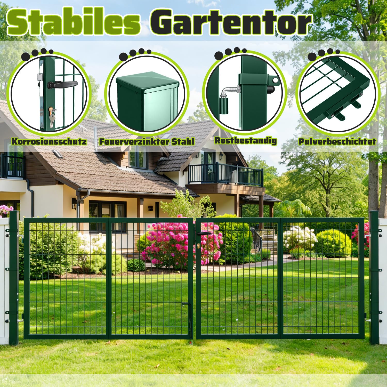 300x100 cm Cancello da giardino in metallo zincato, porta da giardino a doppia anta in acciaio, con maniglia, serratura e 3 chiavi, robusto cancello da cortile, verde