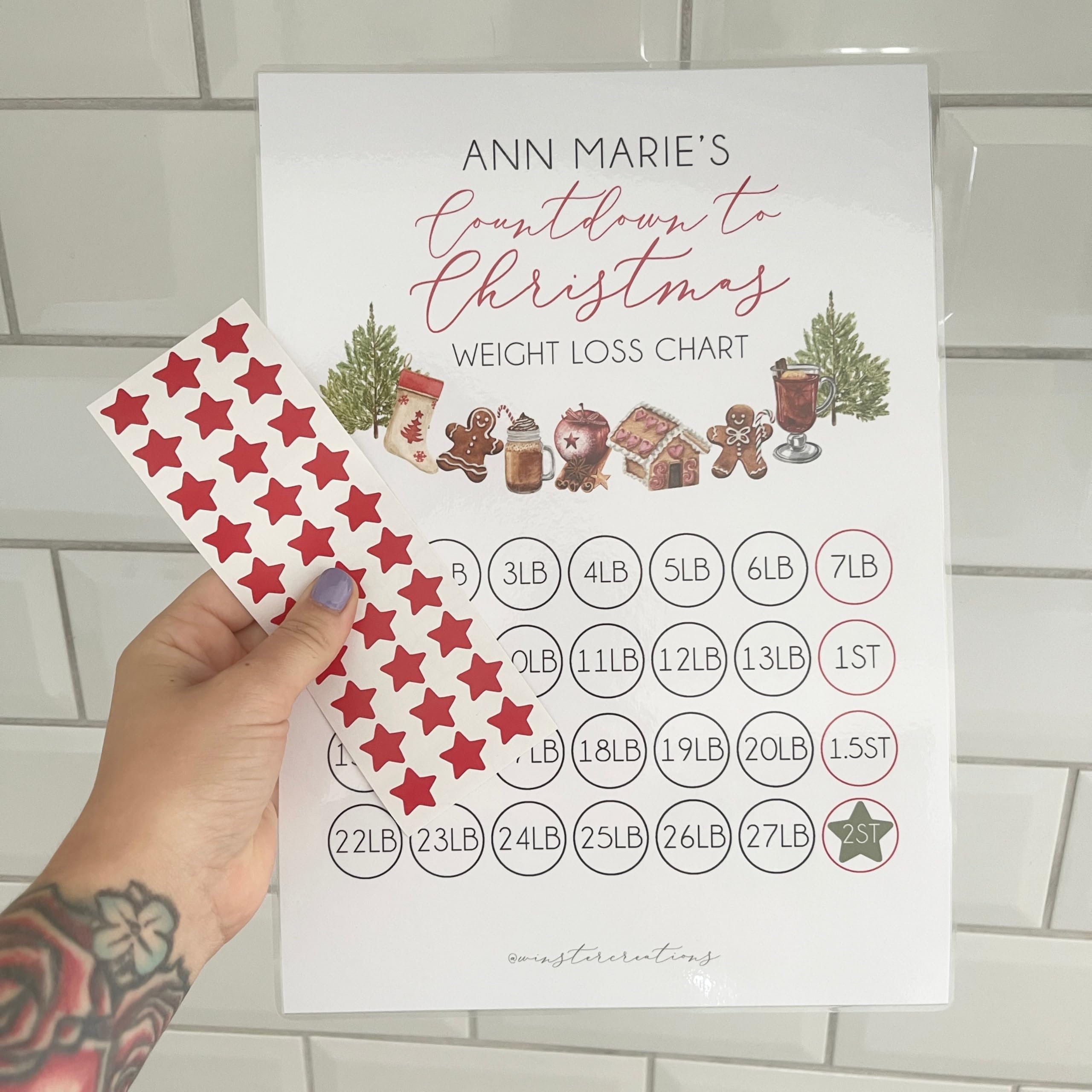 JasonCarlMorgan WinsterCreations Personalised Name Countdown To Christmas A4 Weight Loss Chart Tracker Print - st. lb Units - Laminated With Stars 3st
