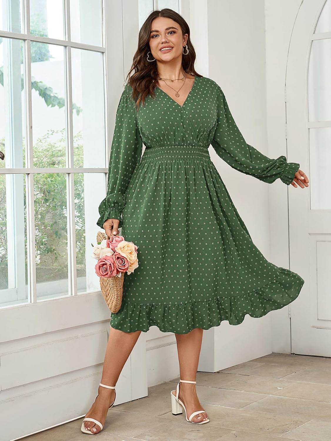 Women's Plus Size Fall Dress Long Sleeve V Neck Smocked Swiss Dot Flowy High Waisted A Line Ruffle Midi Dress - Image 3