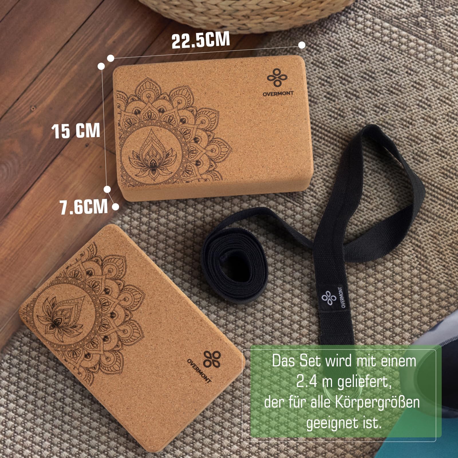 Overmont Yogablöcke Kork 2er Set Yogaklotz - Yoga Block mit Yoga Gurt - Korkblock für Fitness Pilates Stretching und Meditation