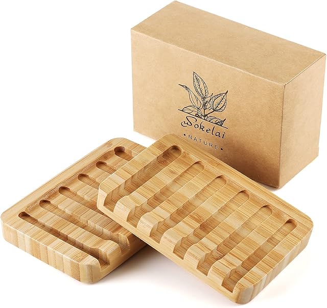 Bamboo Wooden Soap Dish Holder, soap case self draining Waterfall Drain Soap dish Tray bar soap saver for Shower, Bathroom, Kitchen, Bath Tub, Razor, Sponges, Counter Top2 Pack