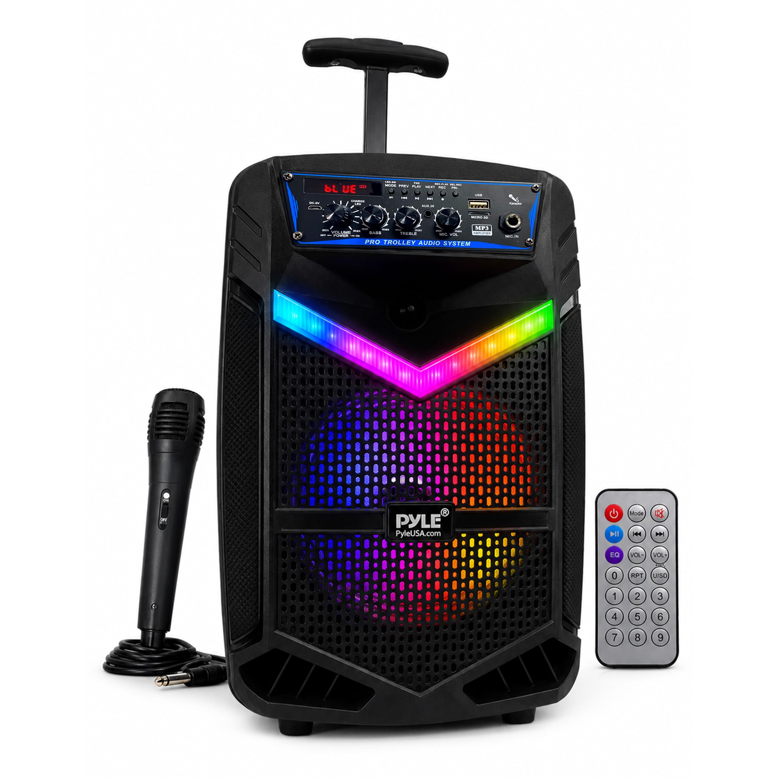 Pyle, Portable PA System, Active Speakers, Powered Speakers –400W Rechargeable Outdoor Bluetooth Speaker- w/ 18” Subwoofer 1” Tweeter, Microphone and Speaker, PartyBox Lights, Recording, USB/SD/Radio