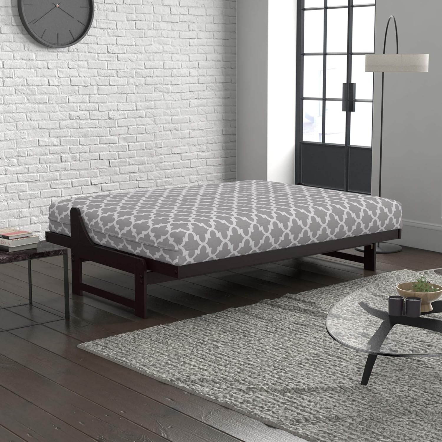Nirvana Futons Uptown Urban Loft Sofa Bed Collection Full Size Dark Espresso Arden Futon Frame, Storage Drawers, Mattress and Fynn Futon Cover Set