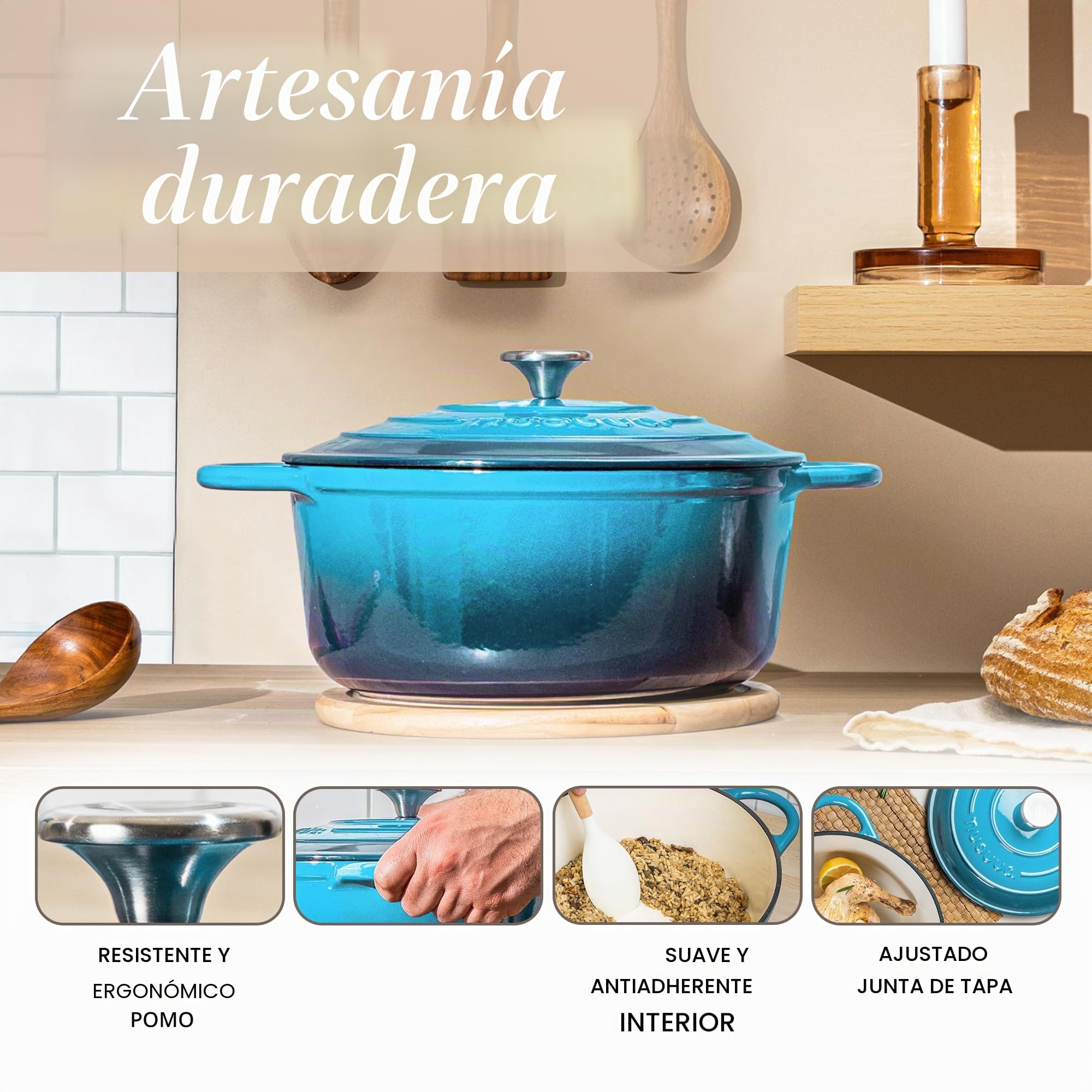 Cazuela de Hierro Fundido con Tapa – Esmaltada, Antiadherente, Apta para Horno hasta 500° F – Ollas Holandesas Robusta – Azul, 6.4 Cuartos, 28cm – por Nuovva