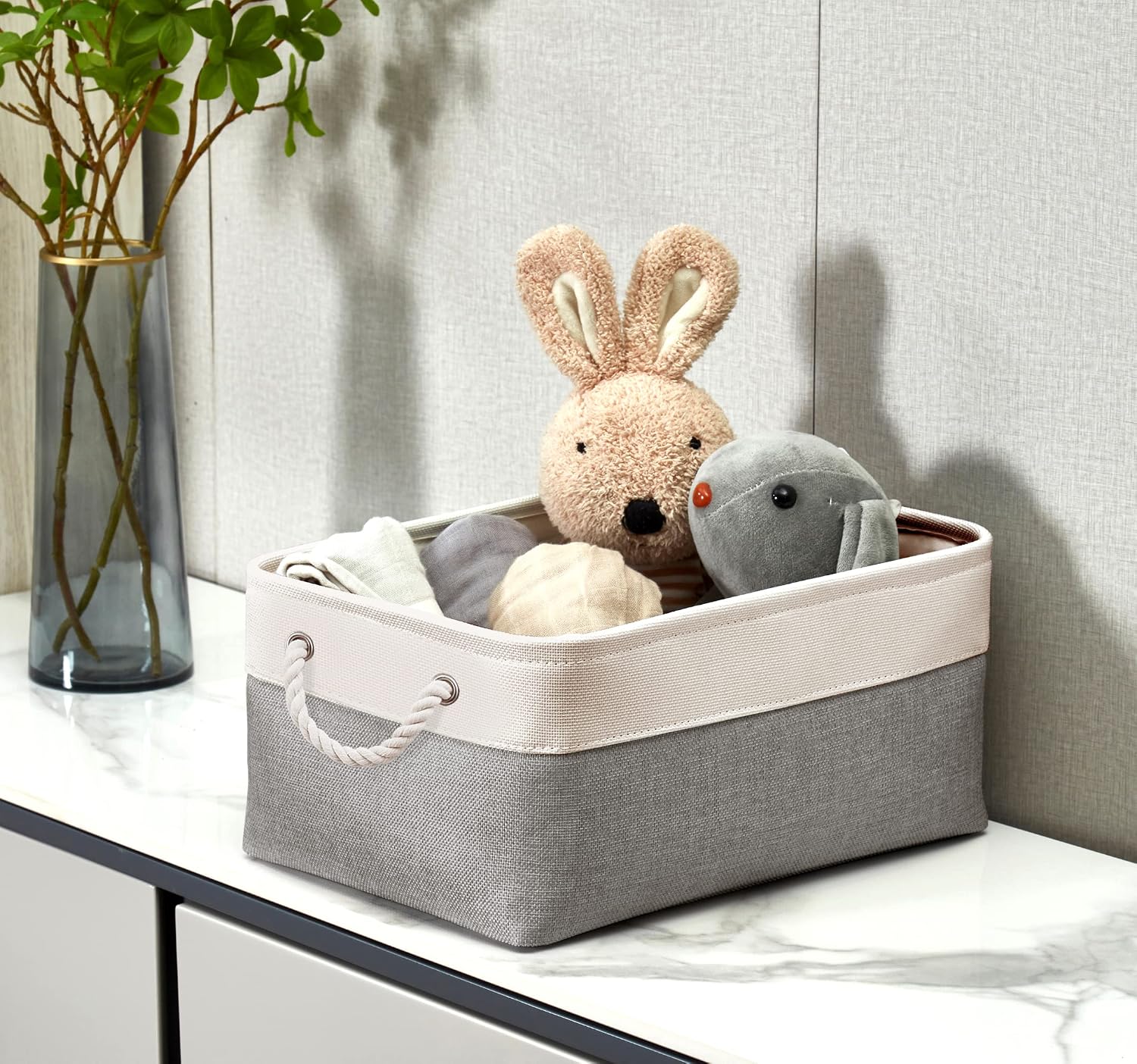 DECOMOMO Storage Baskets for Shelves, Shallow Storage Bins with Handles and Thick Bottom Base for Closet Bathroom Nursery Towel Toy Bookshelf, Collapsible and Durable (Grey and White, Medium 3-Pack)