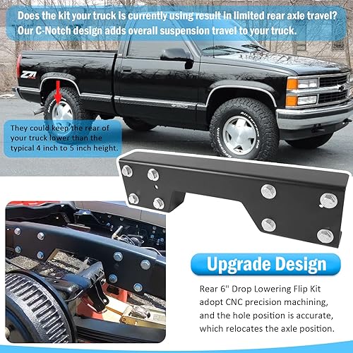 Miniatura 2 de Soporte trasero con muesca C y caída abatible para Chevy Silverado C1500 GMC Sierra 1988-1998 (kit trasero de 6 pulgadas para bajar caídas)