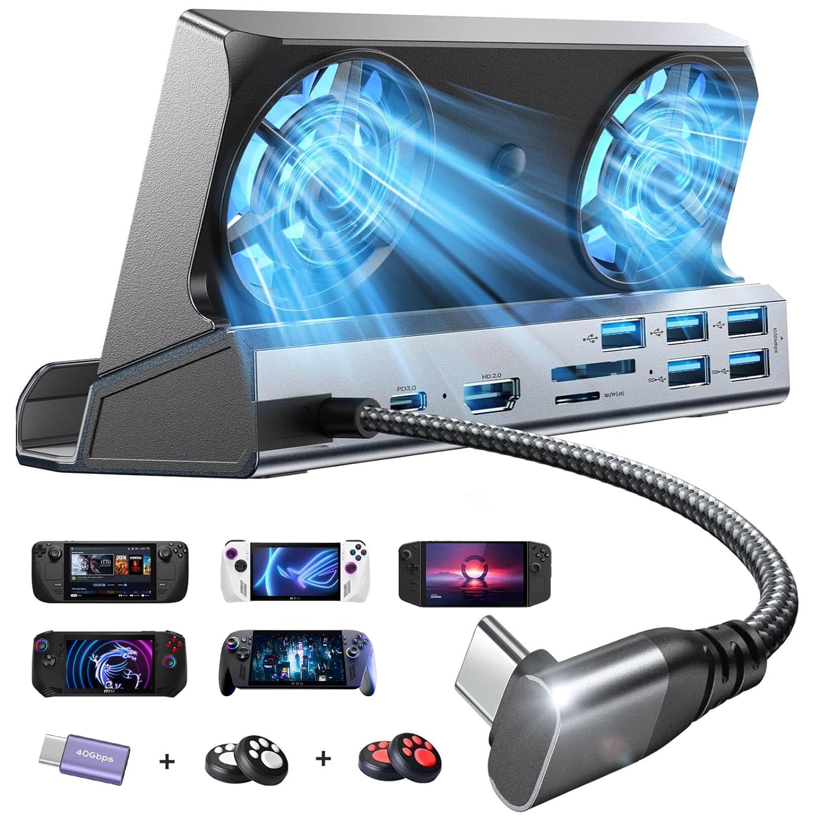 LISEN 10-IN-1 Docking Station for Steam Deck OLED&ROG Ally X&Legion Go, Dual Cooling Fan 5 USB Ports and 4K@60Hz, 100W Charging Port Support ROG Ally 30W Mode, Gigabit Ethernet Fit for Steam Deck OLED