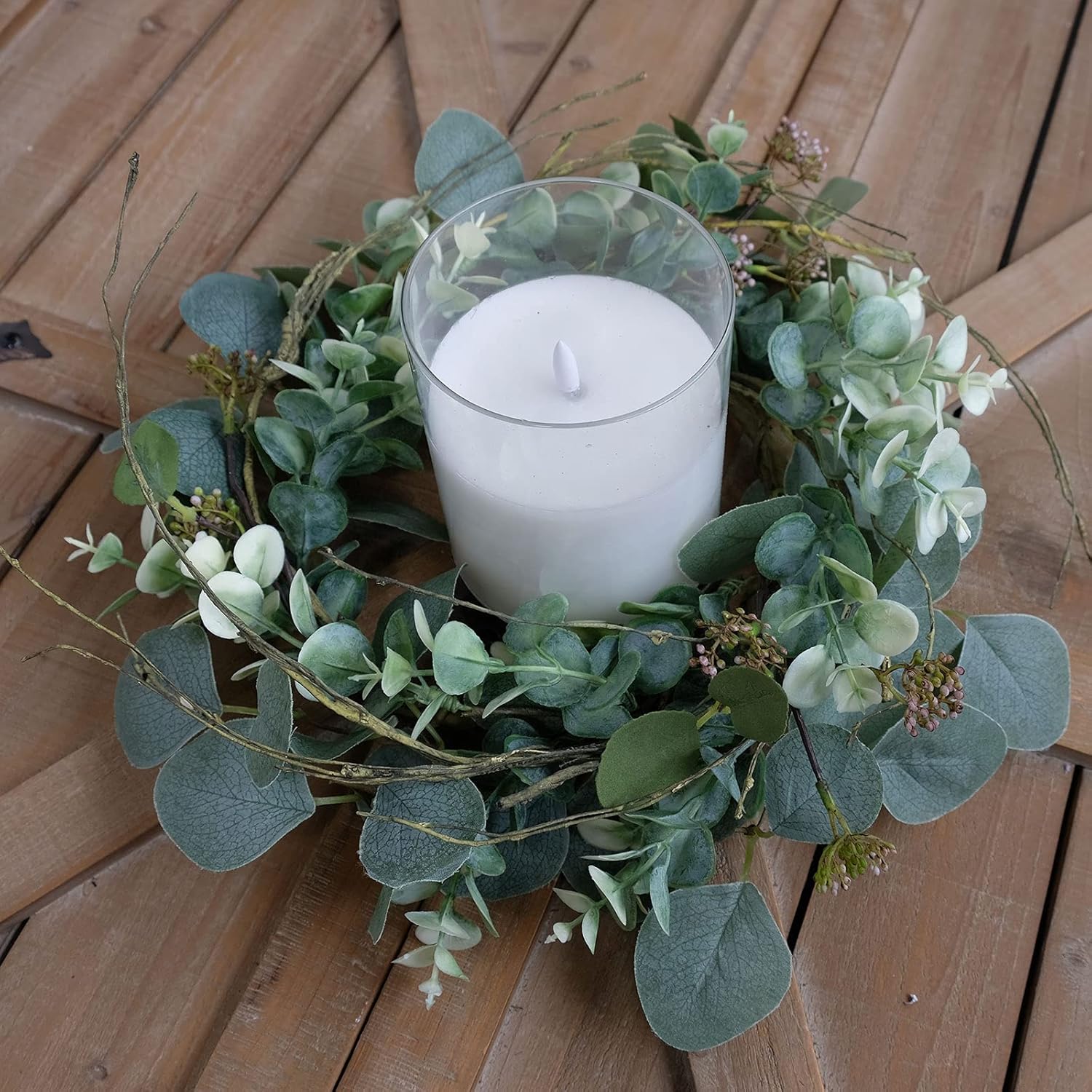 idyllic 12” Artificial Green Leaves Wreath Eucalyptus Round Wreath for Home Decoration Rustic Farmhouse Decor for Festival Celebration Front Door (2 Pack) - Image 4