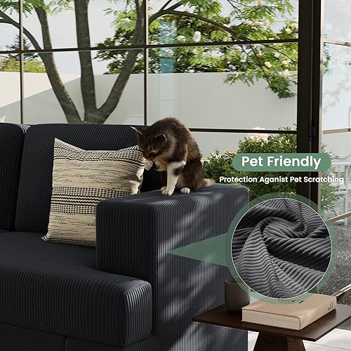 Miniatura 7 de Juego de sofá de pana de 2 piezas para sala de estar, sofá de nube negra, sofá de asiento profundo para dormitorio, sofá futón moderno, cama