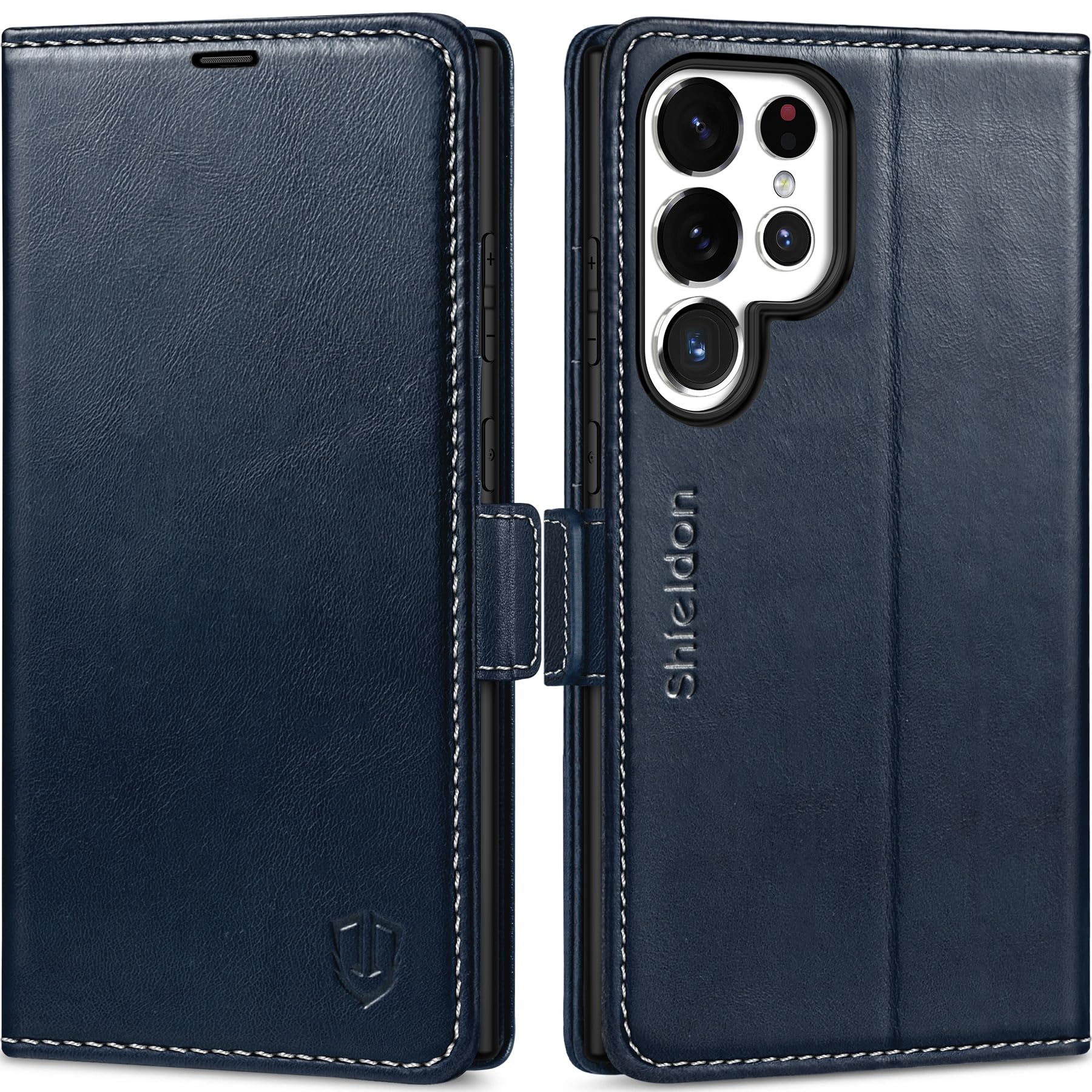 SHIELDON Case for Galaxy S25 Ultra 6.9", Genuine Leather Wallet Flip Book RFID Blocking Card Holder Kickstand Shock Absorbing Protective Case