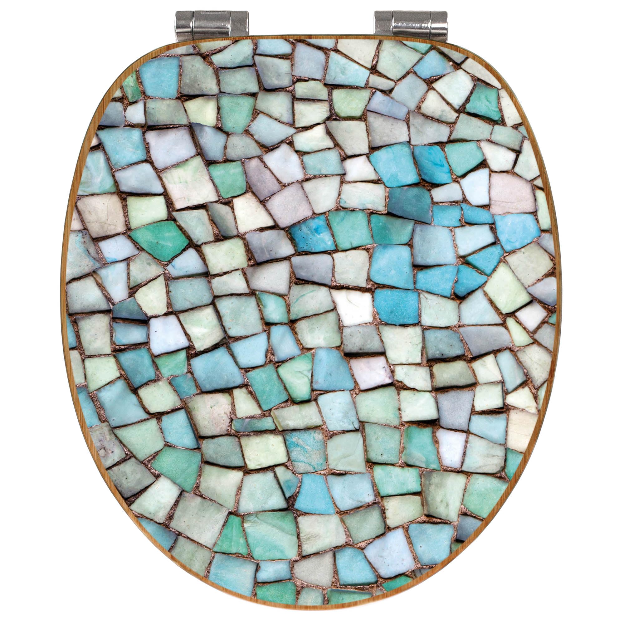 banjado Design WC Sitz Bambus Absenkautomatik 45,8x37,5cm - Toilettendeckel mit Absenkautomatik Holz - hochwertiger Bambus Klodeckel - WC-Sitz für gängigen Toiletten - Motiv Mosaik Blau