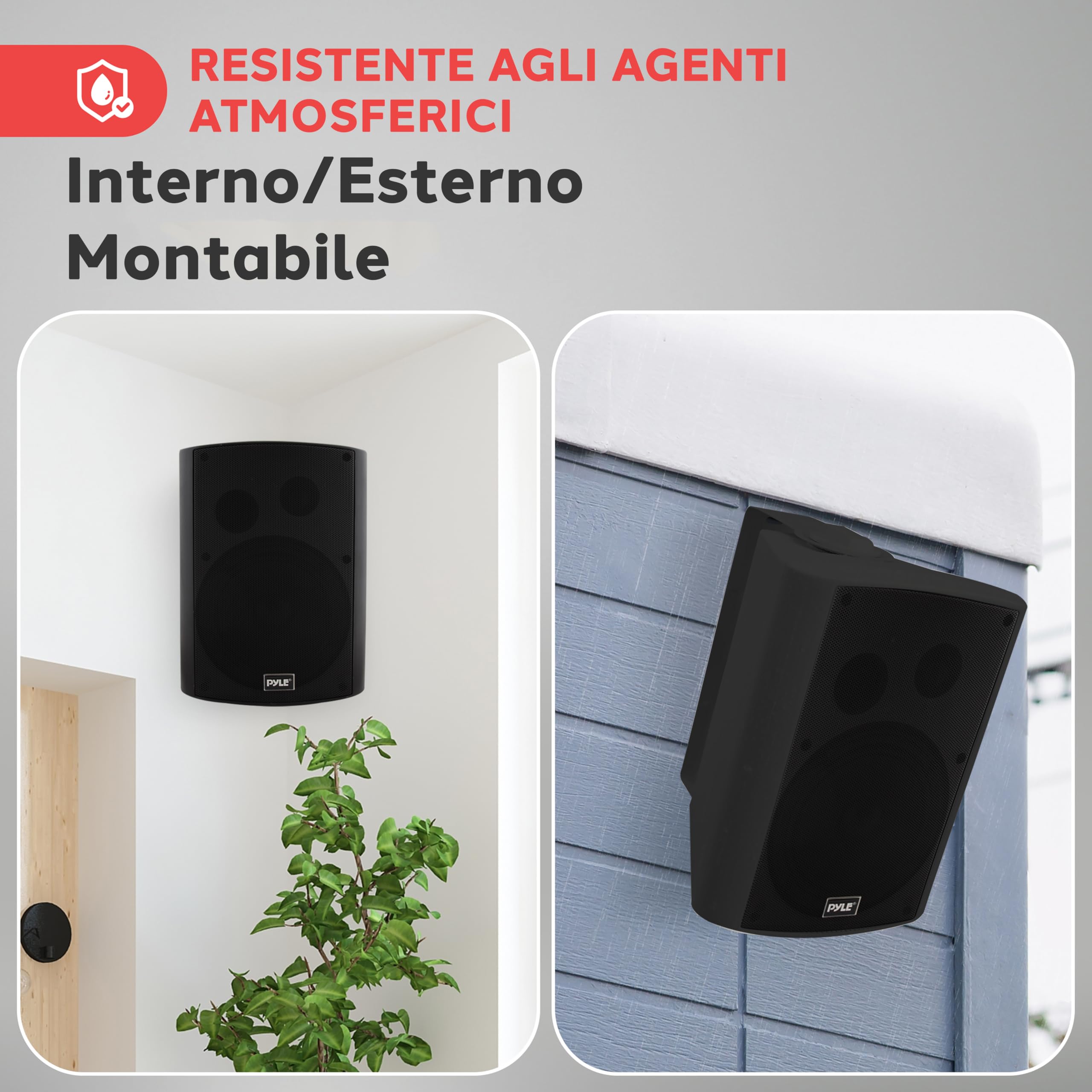 Pyle Coppia Cassa Bluetooth Parete Altoparlanti Resistente Acqua IP44 Interni Esterni Bassi Potenziati Nero