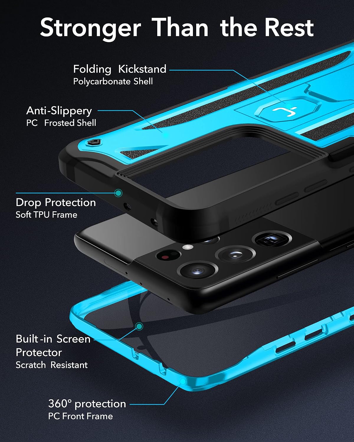 YOUMAKER Compatible with Galaxy S21 Ultra Case, Built-in Screen Protector Work with Fingerprint ID, Kickstand Full Body Shockproof Rugged Cover for Samsung Galaxy S21 Ultra 6.8 inch-Blue