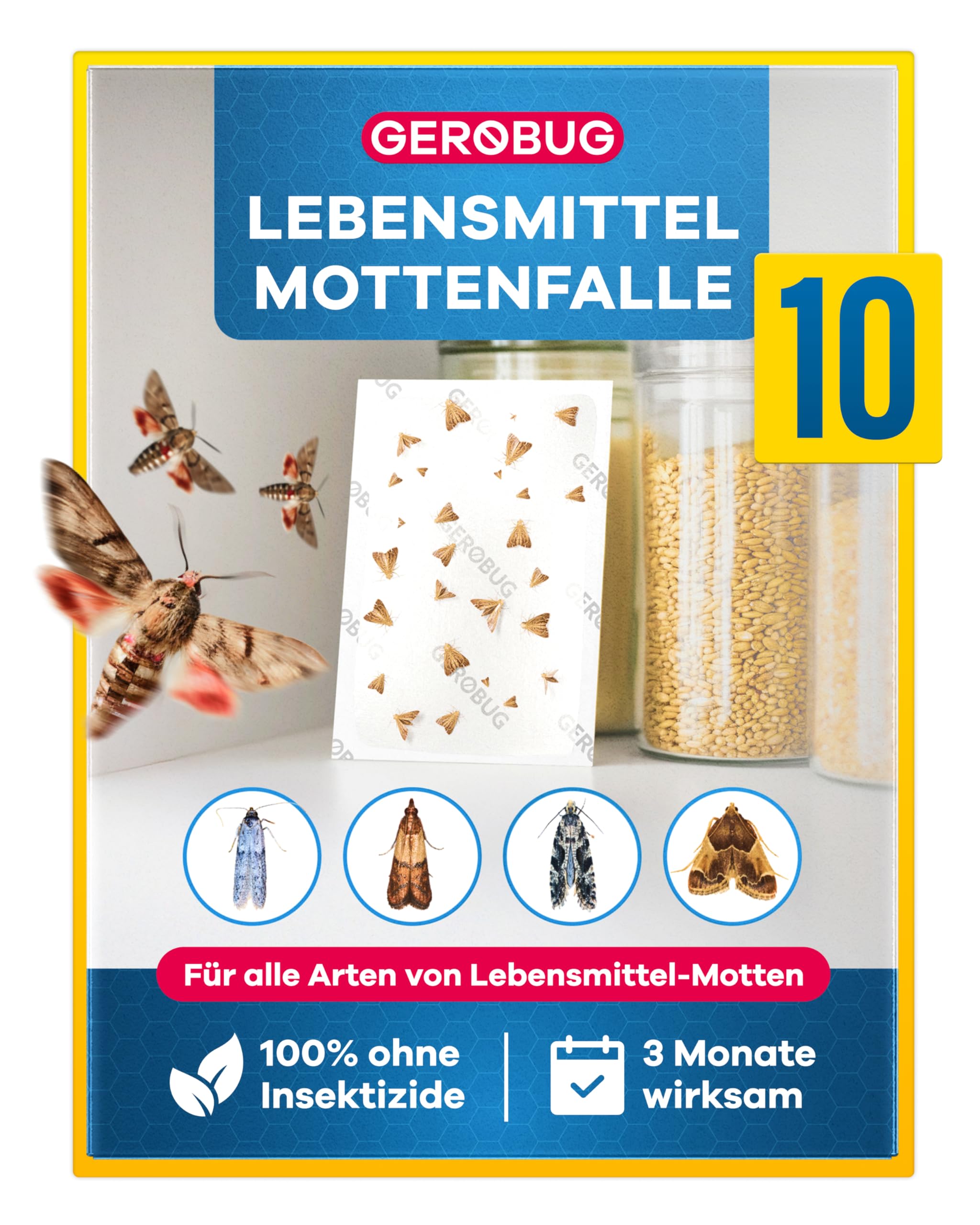 GEROBUG Lebensmittelmotten-Falle - 10 x geruchlose Pheromonfalle zum Fangen von Motten in allen Räumen - insektizidfreie Lebensmittel-Mottenfalle mit über 12 Wochen Langzeitwirkung