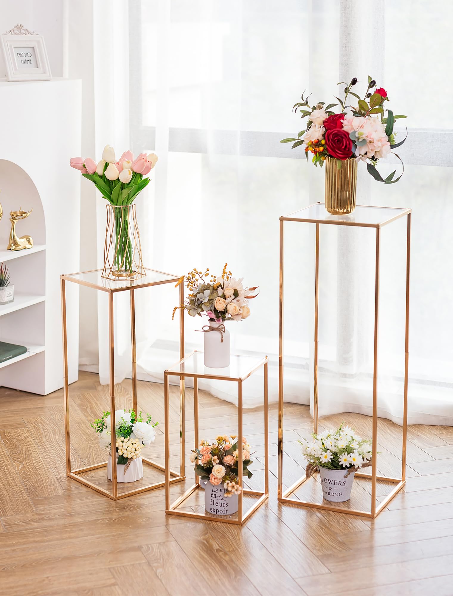 Soporte para Flores Oro para Bodas con Panel Acrílico, 40/60/80cm | Columna Geométrica Metálica, Jarrón Alto para Cumpleaños, Arreglos Florales, Fiestas y Decoración de Salón