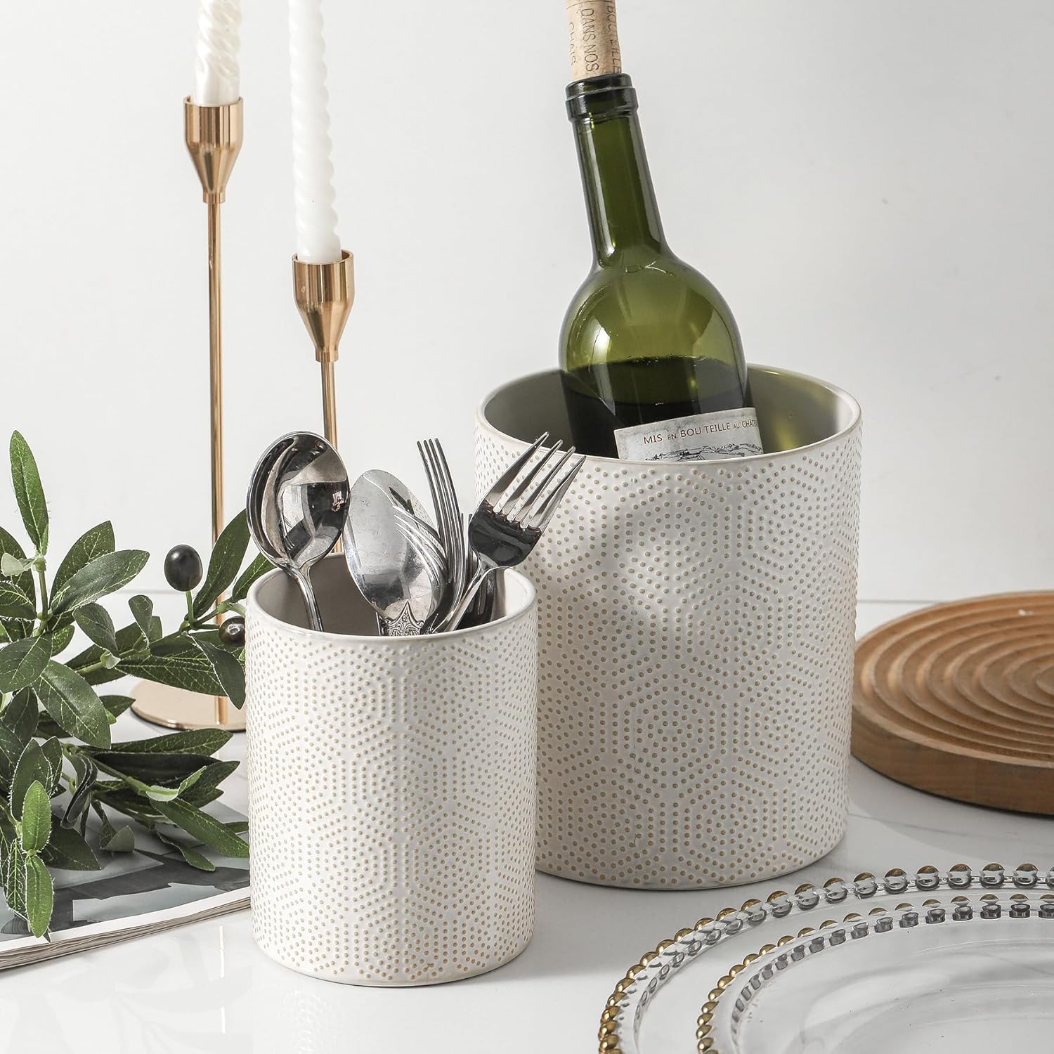 UBEE Utensil Holder, 7"+5.5" Ceramic Kitchen Utensil Holder for Countertop, Large Cooking Utensil Crocks for Counter, Modern Kitchen Tool Holder for Spatula, Set of 2, White