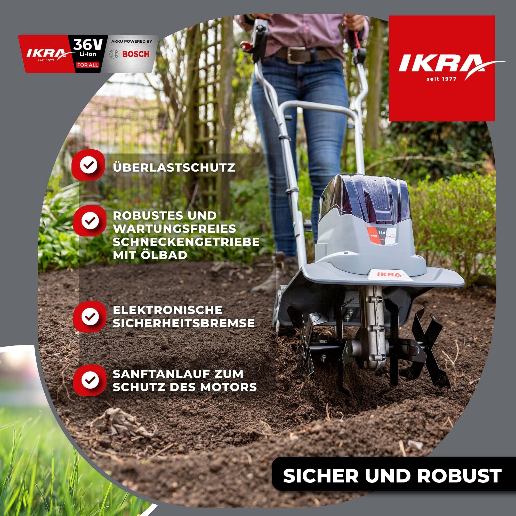 IKRA Bodenhacke Motorhacke IB-TC 36, ohne 36V Akku & Ladegerät | Kompatibel mit Bosch, bürstenloser Motor, 2 Arbeitsbreiten 18-30 cm, Arbeitstiefe bis 20cm, inkl. Bremssporn & Transporträder