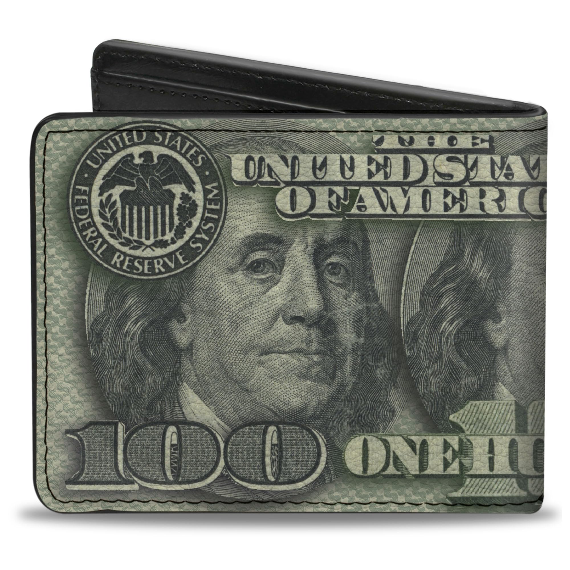 Buckle-Down Men's Wallet, Bifold, 100 Dollar Bill Close Up Triple Benjamin, Vegan Leather, Multi, 4.0