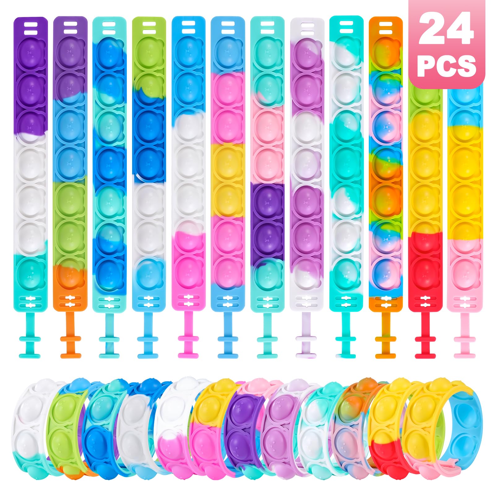 Pop Bracelets Fidget Toys Bulk Its 24 PCS Bear Bracelet Kids Party Favors Fidget Toy Pack Fidgets for Classroom Prizes Birthday Goodie Bag Stuffers Sensory Toys for Girls Boys