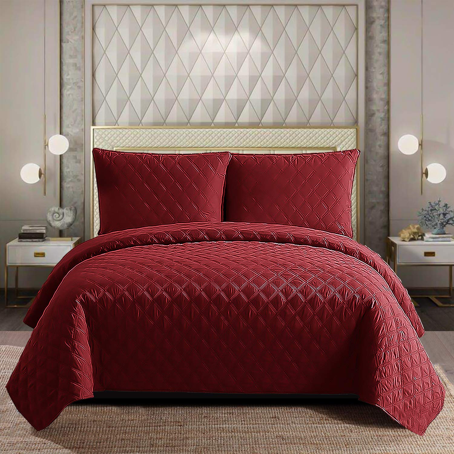 B&B Parure de lit réversible matelassée avec 1 taie d'oreiller - Motif en relief - Rouge