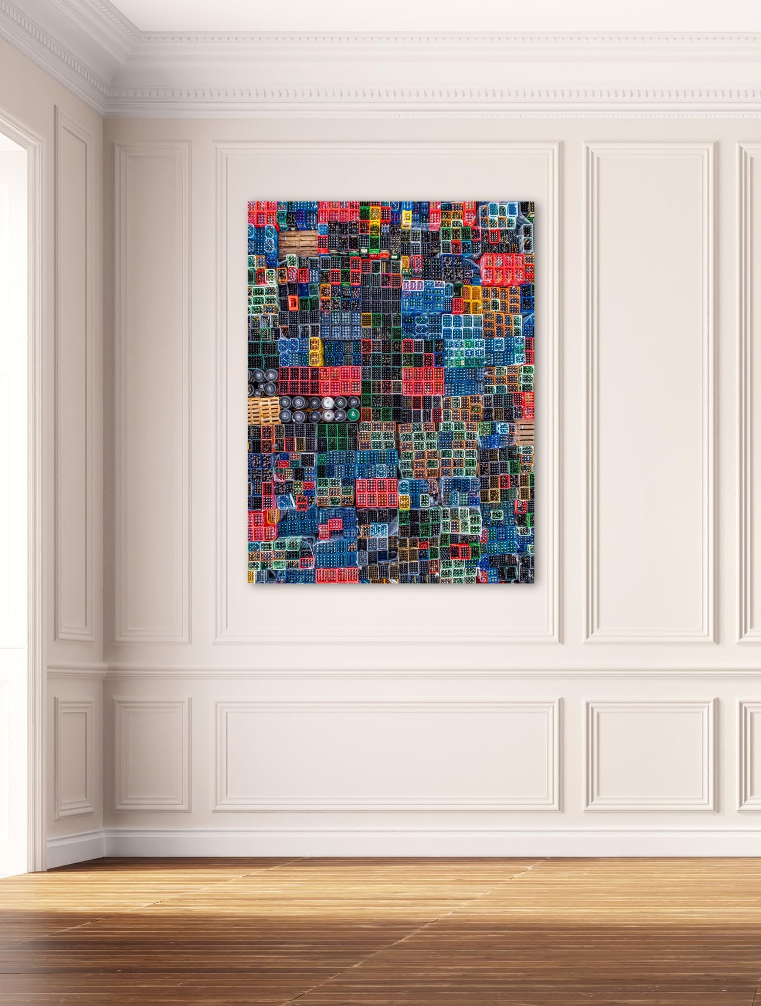 Tableau Plexiglas grand format vue aérienne de bouteilles motif géométrique