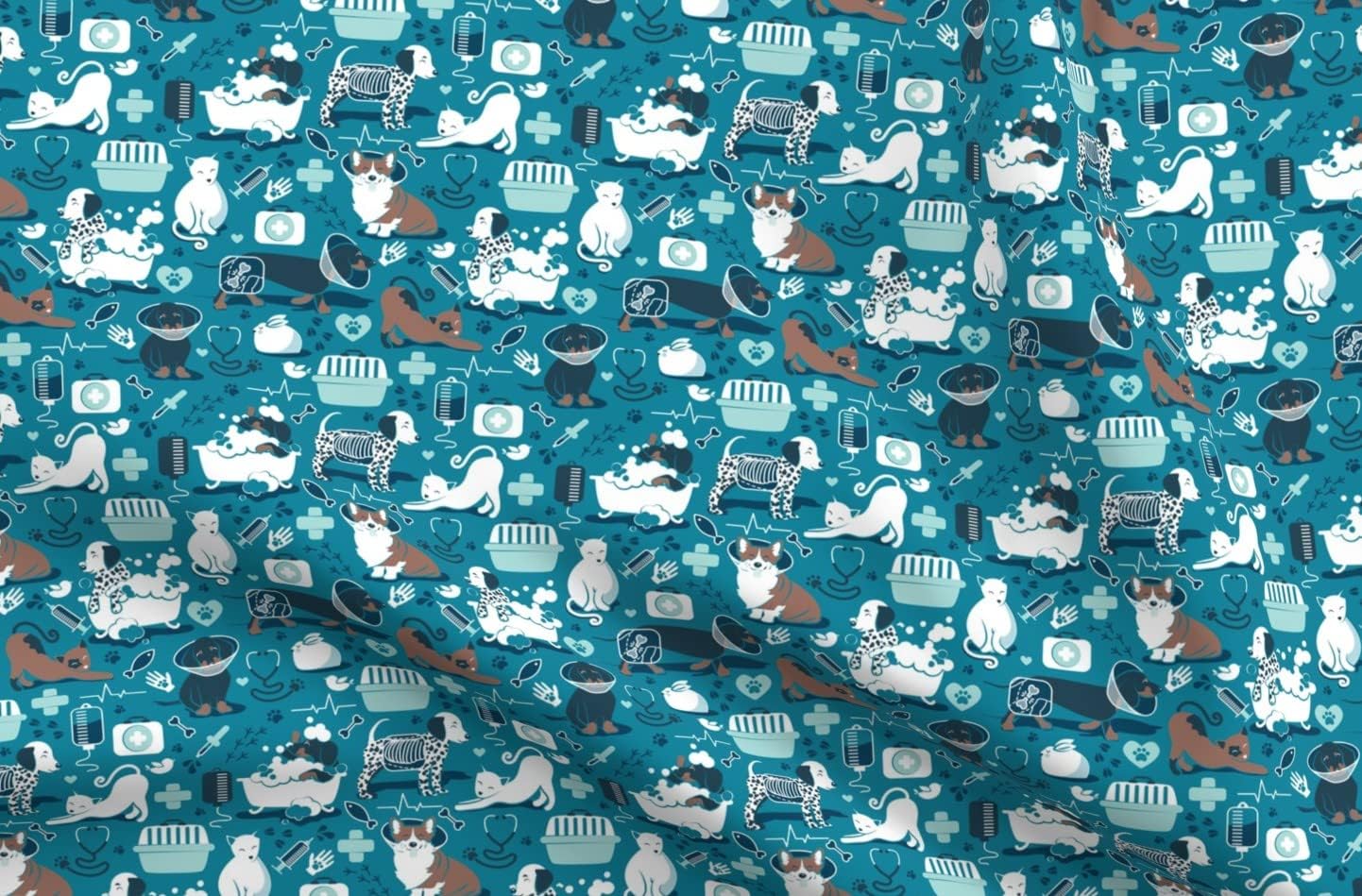 Spoonflower Fabric - Vet Medicine Happy Friends Small Scale Turquoise Background Aqua Navy Printed on Upholstery Velvet Fabric Fat Quarter - Upholstery Home Decor Bottomweight Apparel