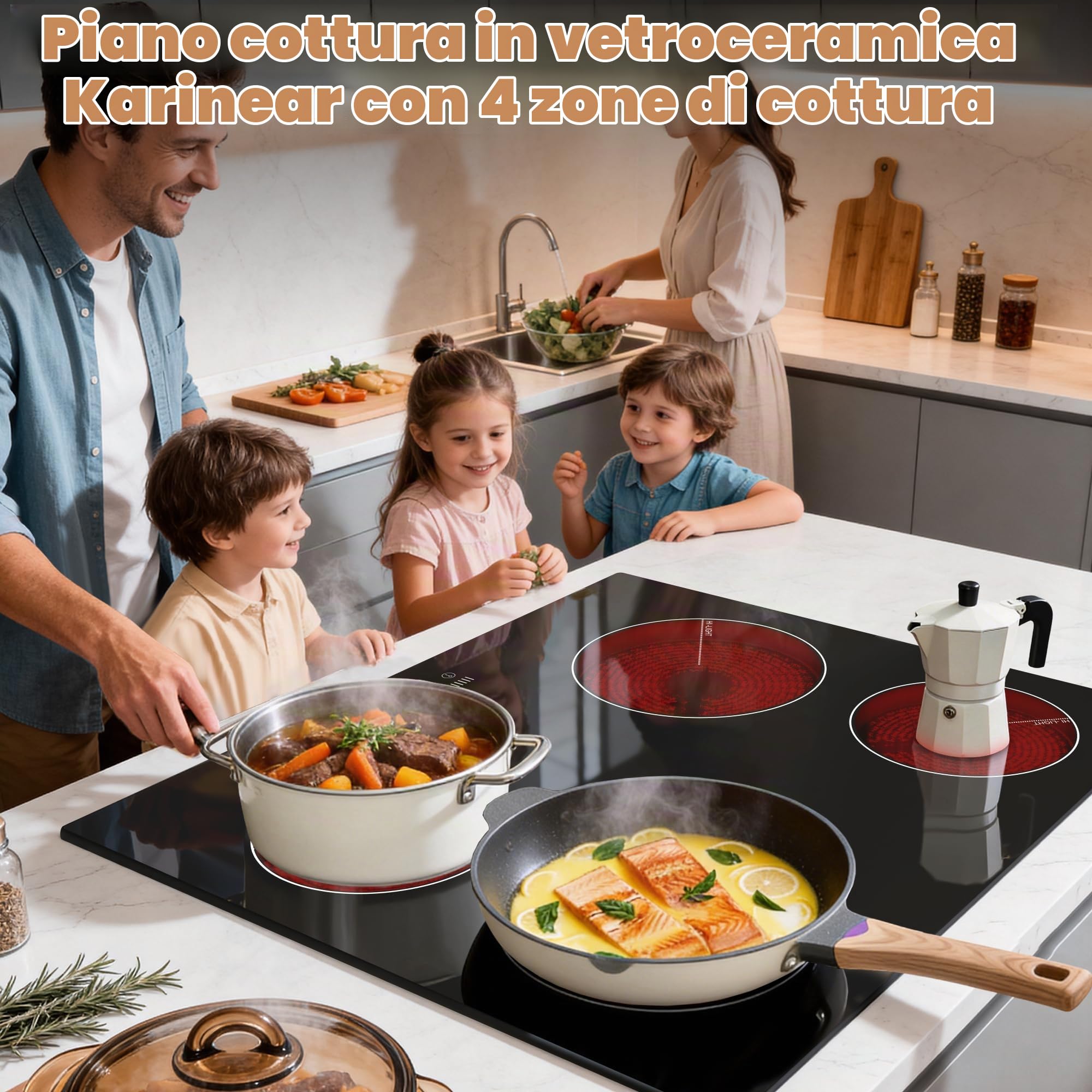 Karinear Piano Cottura Elettrico 4 Fuochi, 60cm Piano Cottura Vetroceramica da Incasso, 6000W Piastra con Blocco di Sicurezza per Bambini, Controllo del Timer, Pausa, Controllo a Scorrimento